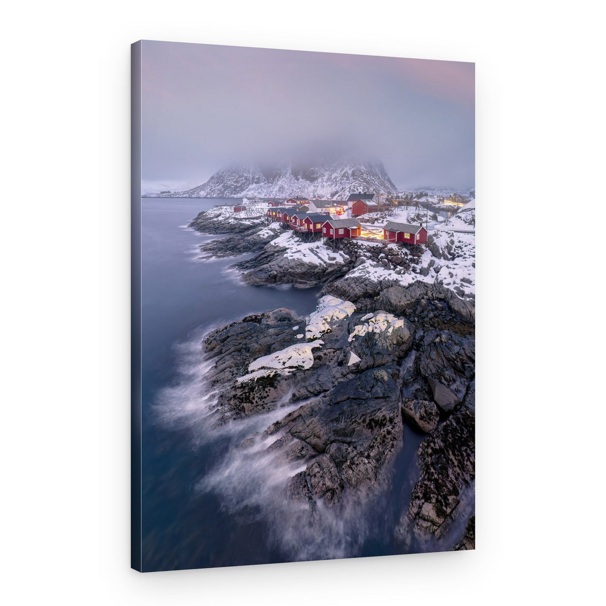 Red Cabins Snowy Coast – Canvas Print