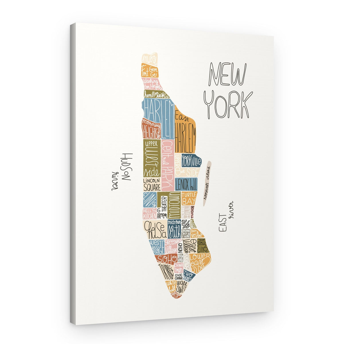 Colorful Manhattan Neighborhoods Map – Canvas Print