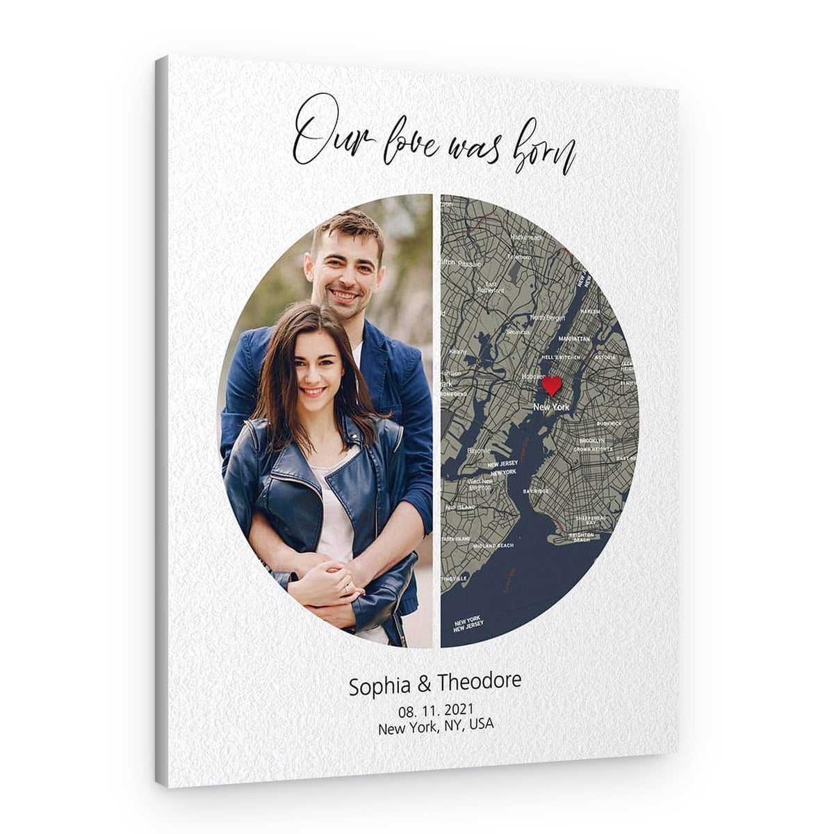 Our Love Was Born (1st) Custom Text, Map and Photo Canvas Print – Canvas Print – Design B