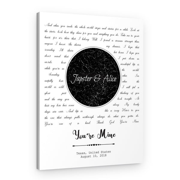 Custom Night Sky Star Map and Song Lyrics Canvas Print