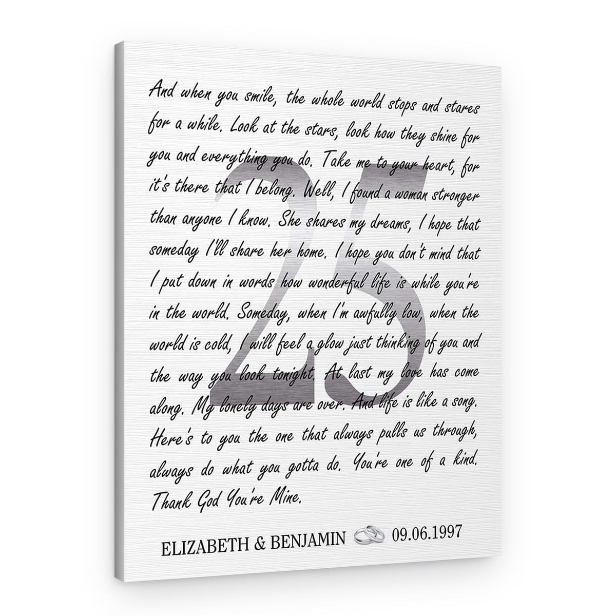 25th Silver Anniversary Canvas Print – Handwritten Song Lyrics with Hidden Number 25 (Any Song) – Canvas Print – Portrait