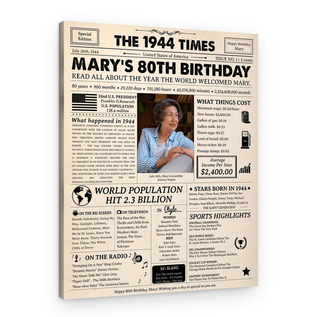 80th Birthday Gift: 1944 Birthday Newspaper Canvas – Canvas Print