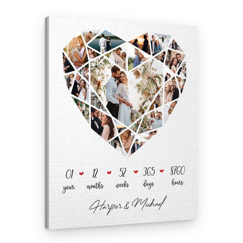 1 Year Anniversary – Custom Photo Collage Heart 25 Pictures – A Romantic Gift – Canvas Print – Design B
