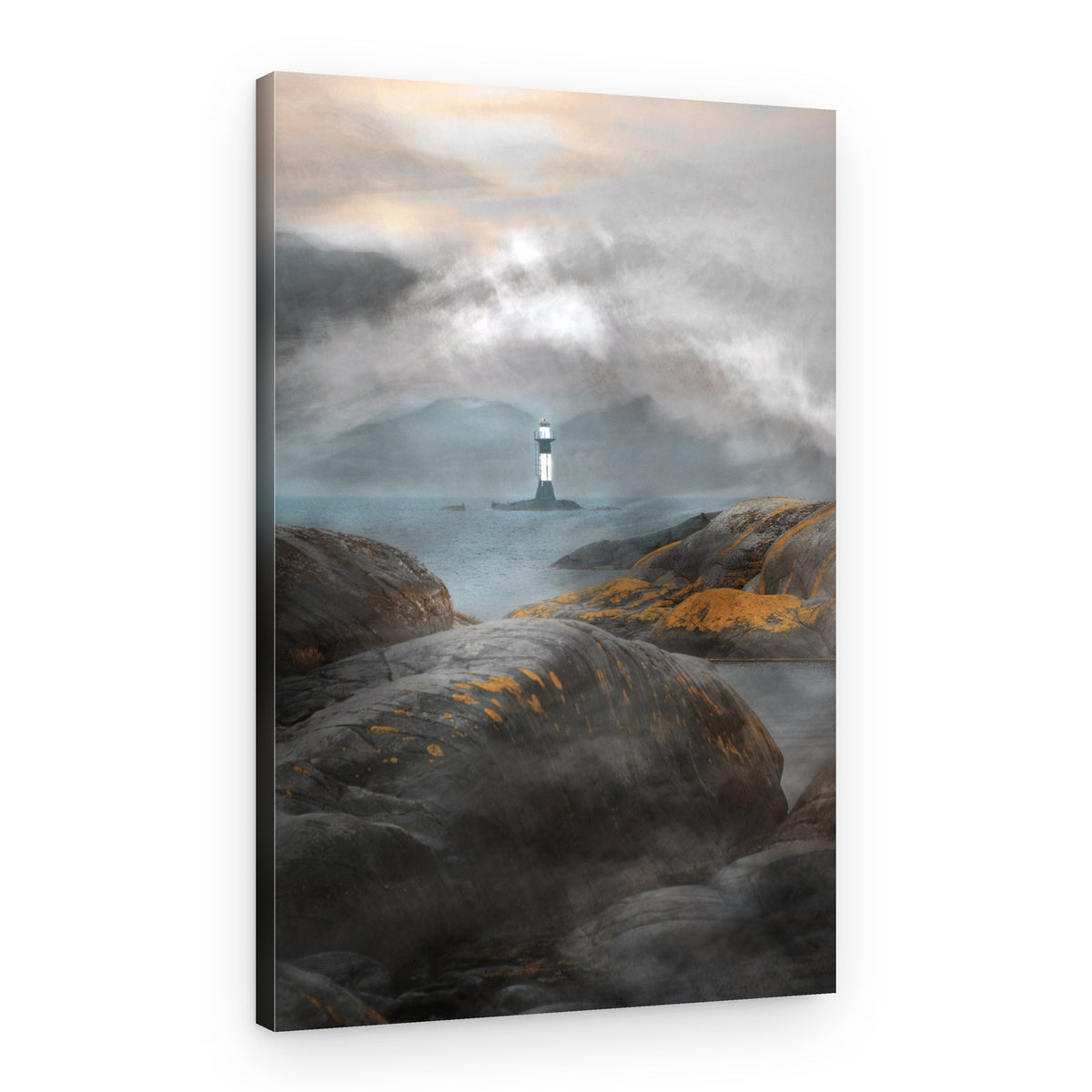 Misty Lighthouse Shore – Canvas Print