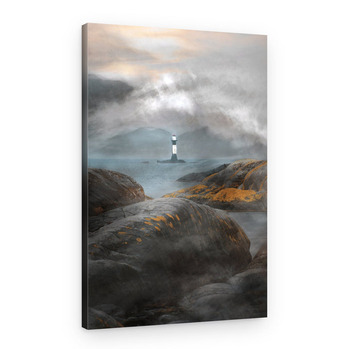 Misty Lighthouse Shore – Canvas Print