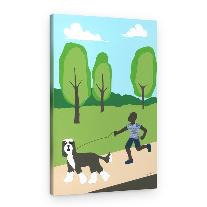 Boy Runs with Dog – Canvas Print