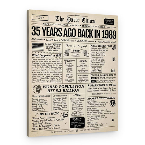 Back In 1989 35th Birthday Newspaper Canvas Print