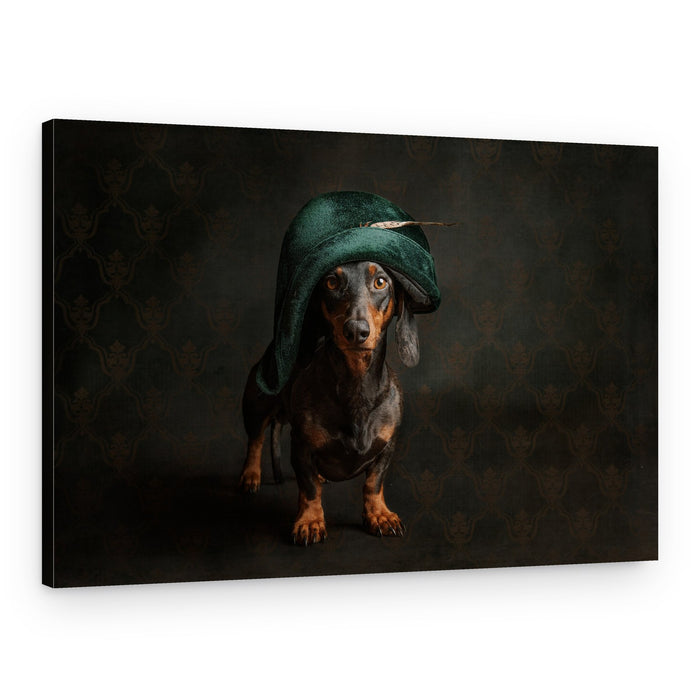 Regal Dachshund in Green Hat – Canvas Print