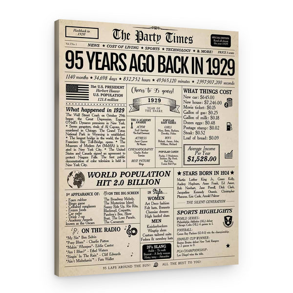 Back In 1929 95th Birthday Newspaper  Canvas Print