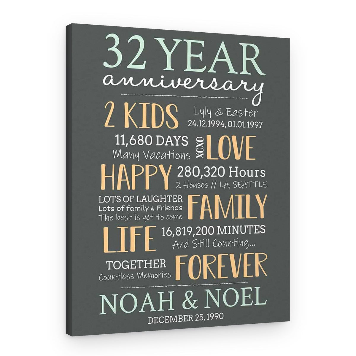 32-Year Milestone Anniversary Custom Canvas Print – Canvas Print – With Children and Pets