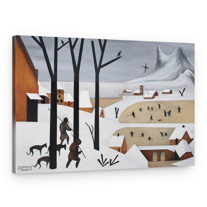 Hunters In Winter Village – Canvas Print