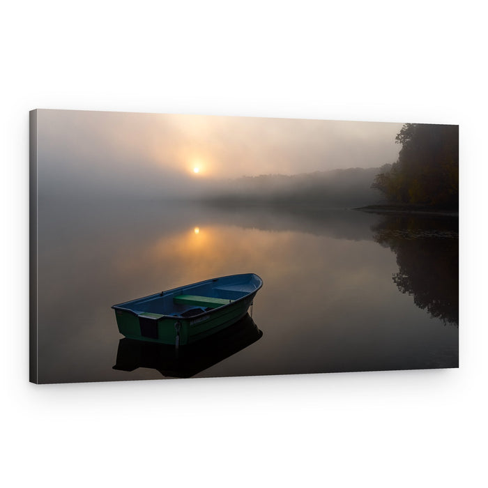 Misty Lake Sunrise Boat – Canvas Print