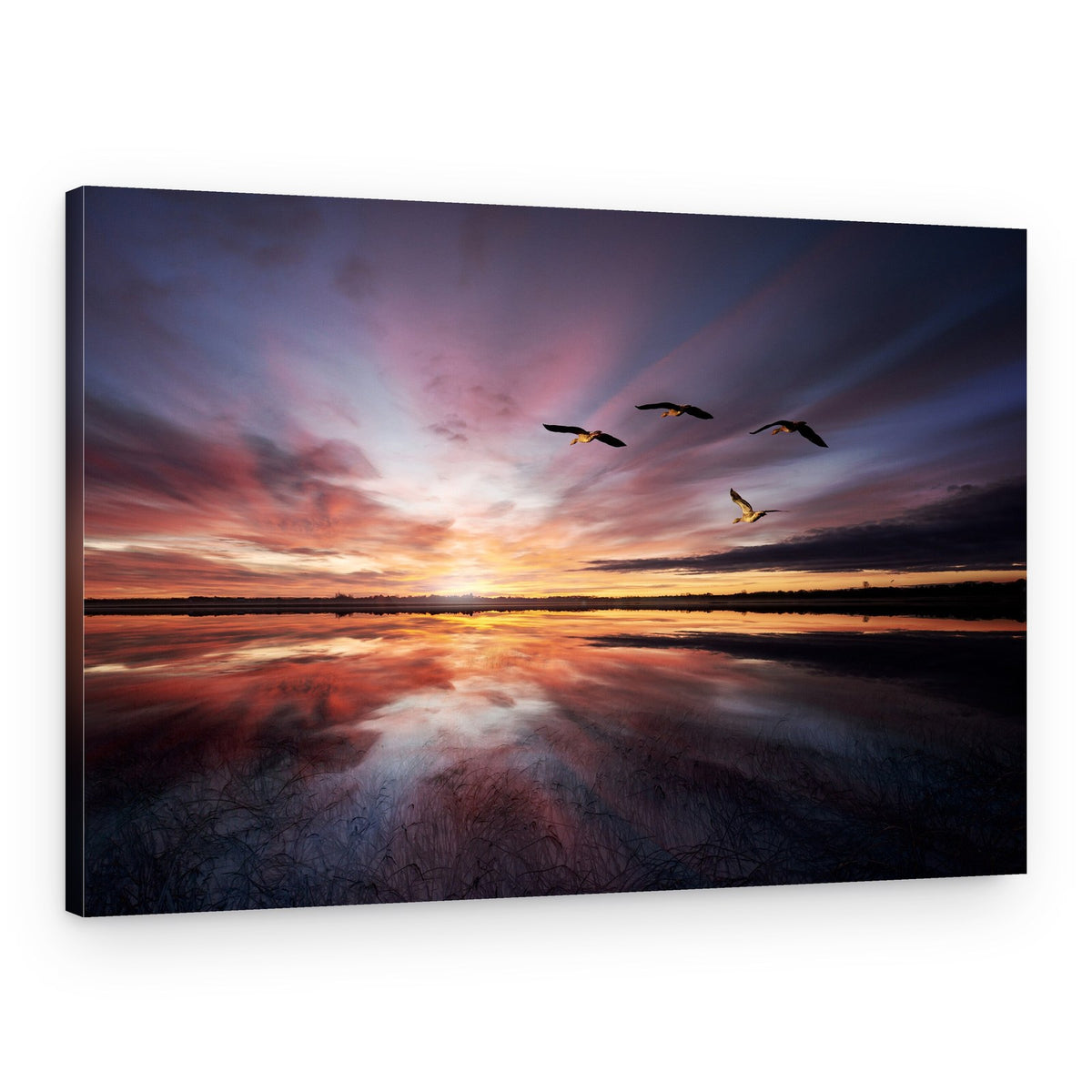 Birds Flying Sunset Reflection – Canvas Print