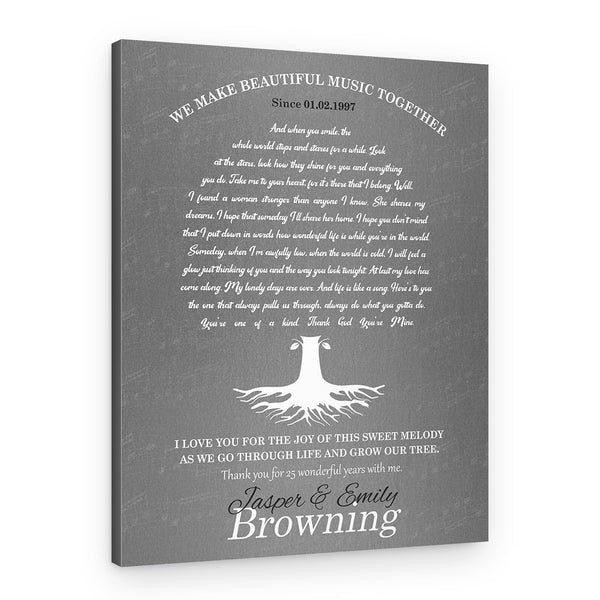 Tree-Shaped Song Lyrics 25th Anniversary Custom Canvas Print