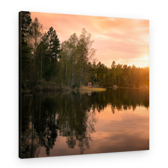 Peaceful Lake Cabin Sunset – Canvas Print