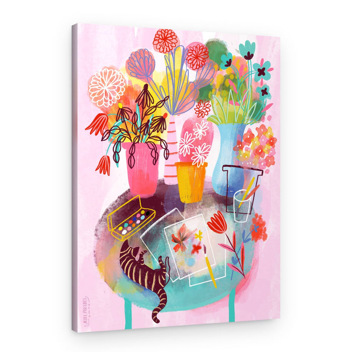 Artistic Flowers And Cat – Canvas Print
