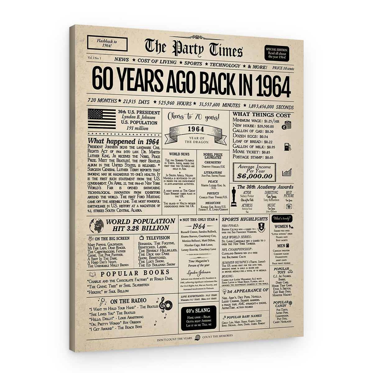 Back In 1964 60th Birthday Newspaper Canvas Print – Canvas Print