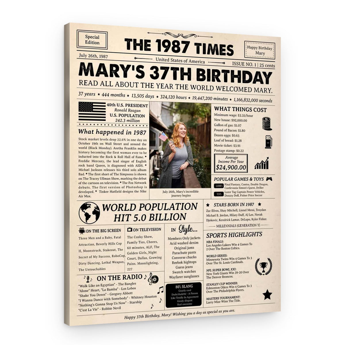 37th Birthday Gift: 2008 Birthday Newspaper Canvas – Canvas Print