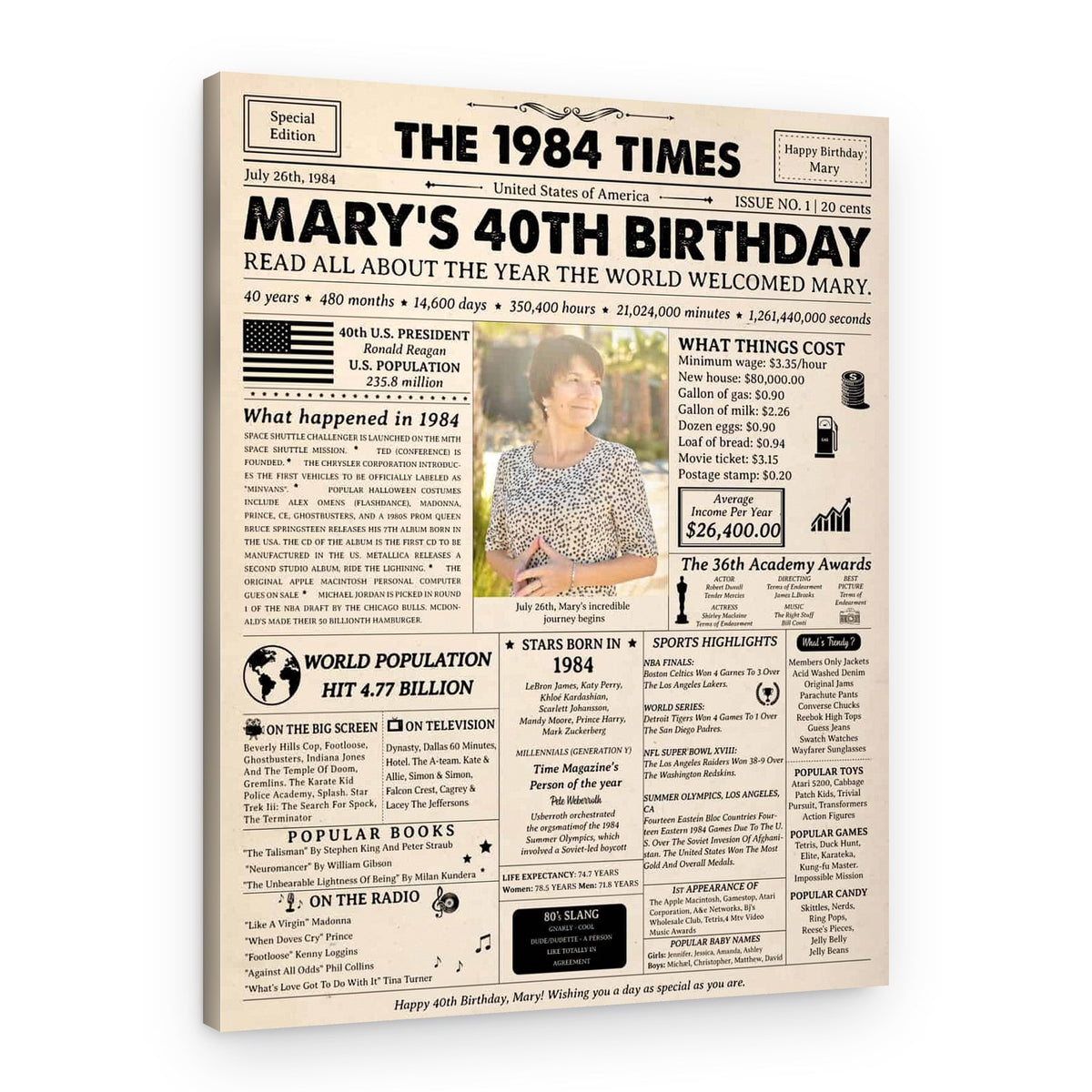 40th Birthday Gift: 1984 Birthday Newspaper Canvas – Canvas Print