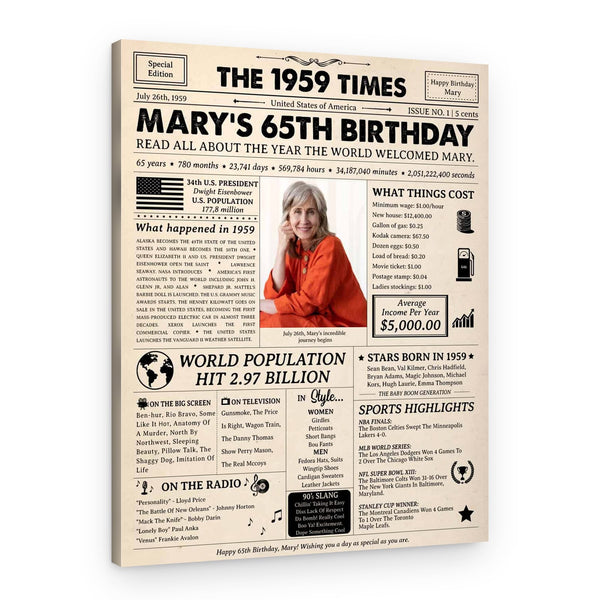 65th Birthday Gift: 1959 Birthday Newspaper Canvas
