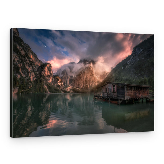 Mountain Lake Boathouse Glow – Canvas Print