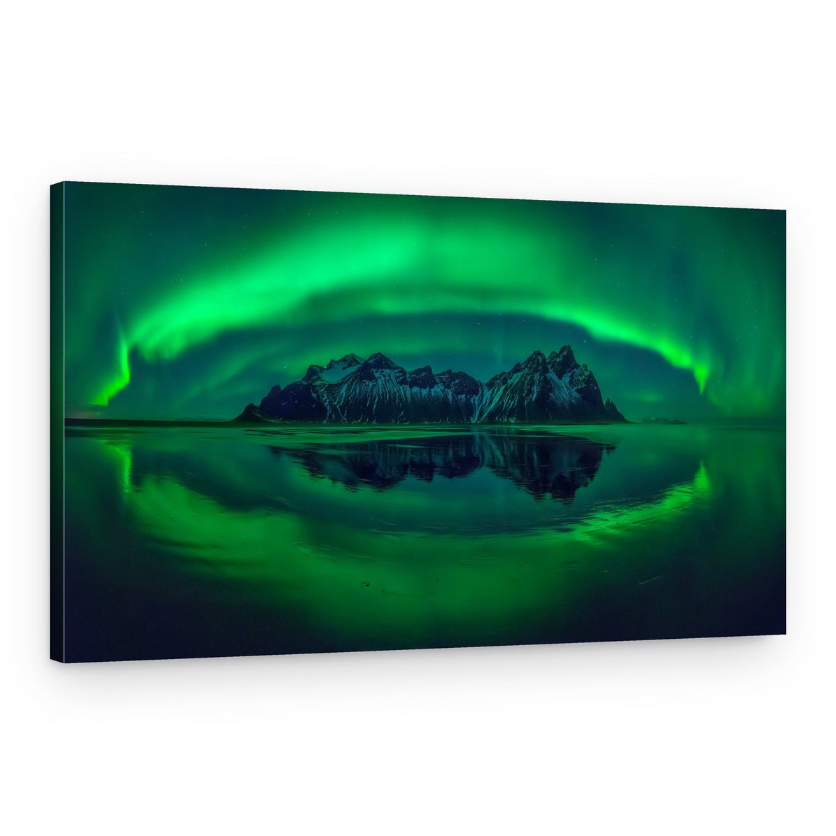 Green Aurora Mountain Reflection – Canvas Print