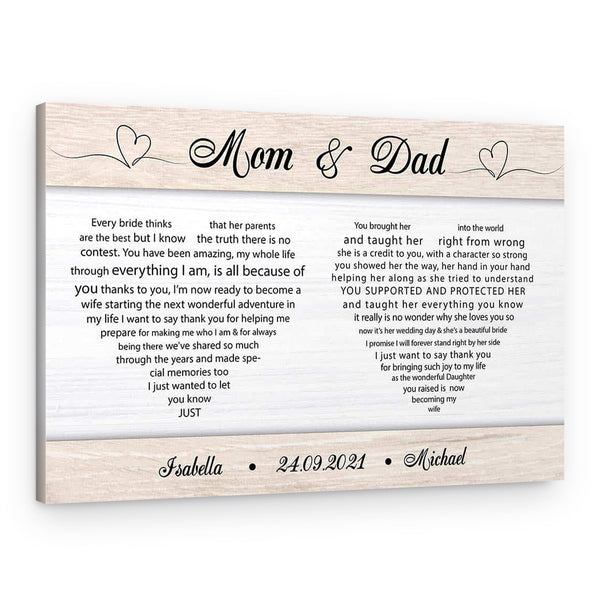 Wedding Thank You Gift for Parents of The Bride Personalized Canvas Print