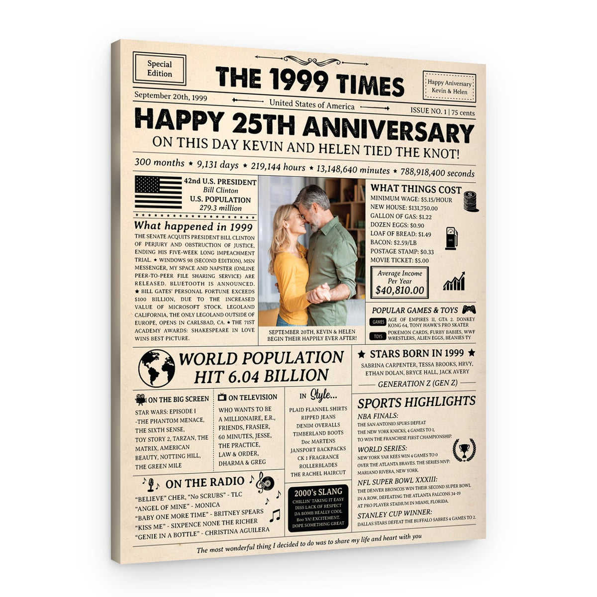 Happy 25th Wedding Anniversary Custom Photo Newspaper Canvas Print – Canvas Print