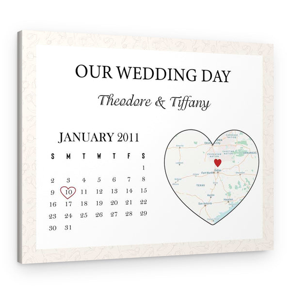 Our Wedding Day Custom Calendar and Map Canvas Print