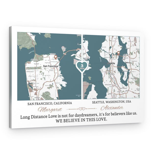 Long Distance Love Custom Map Canvas Print