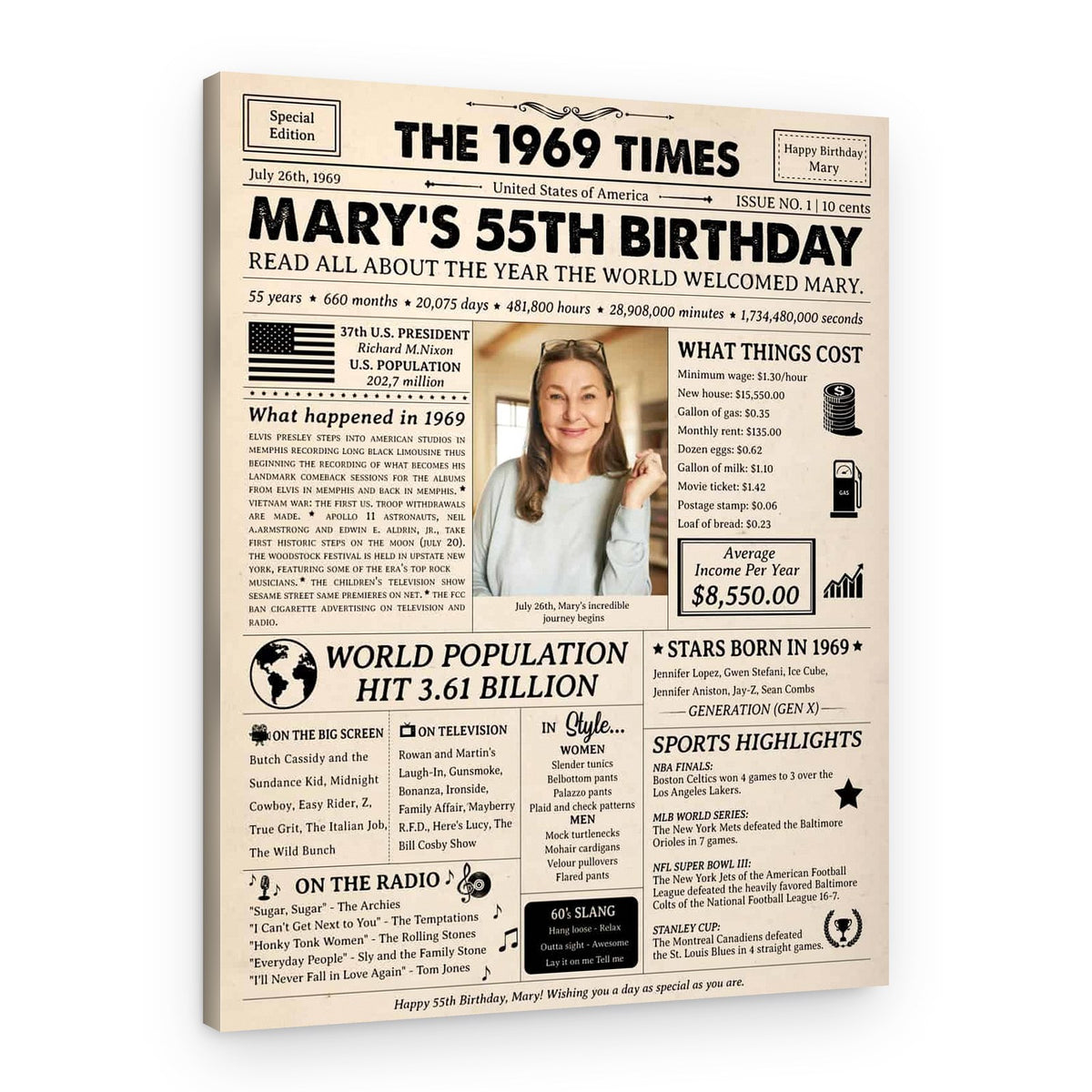 55th Birthday Gift: 1969 Birthday Newspaper Canvas – Canvas Print