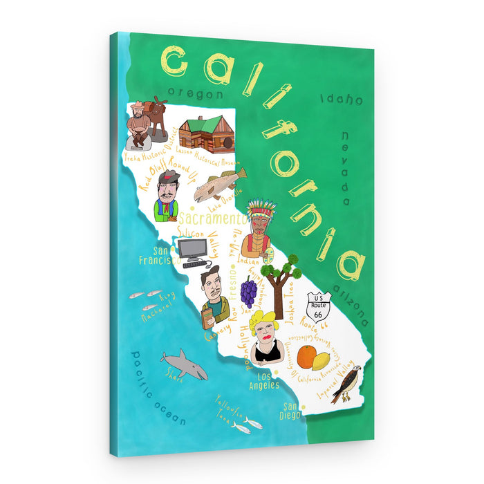 Illustrated Map of California with Ocean by Carla Daly – Canvas Print