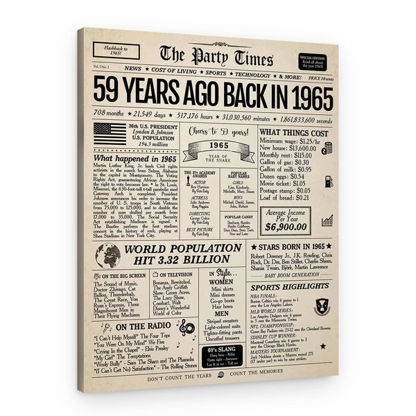 Back In 1965 59th Birthday Newspaper Canvas Print