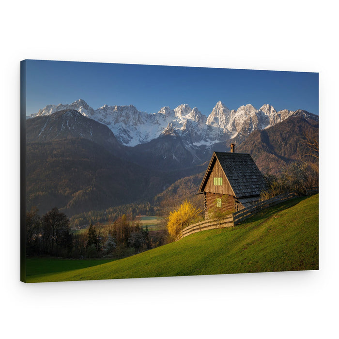 Rustic Cabin Snowy Mountains – Canvas Print
