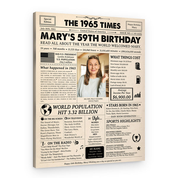 59th Birthday Gift: 1965 Birthday Newspaper Canvas