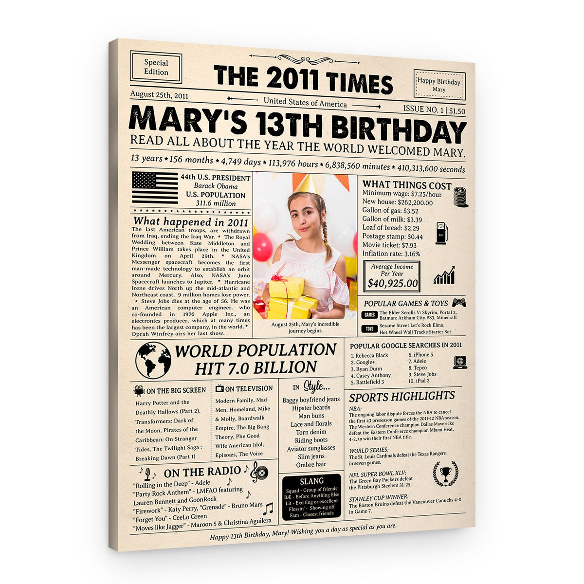 13th Birthday Gift: 2011 Birthday Newspaper Canvas – Canvas Print