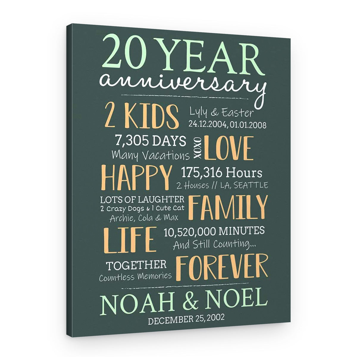 20-Year Milestone Anniversary Custom Canvas Print – Canvas Print – With Children and Pets