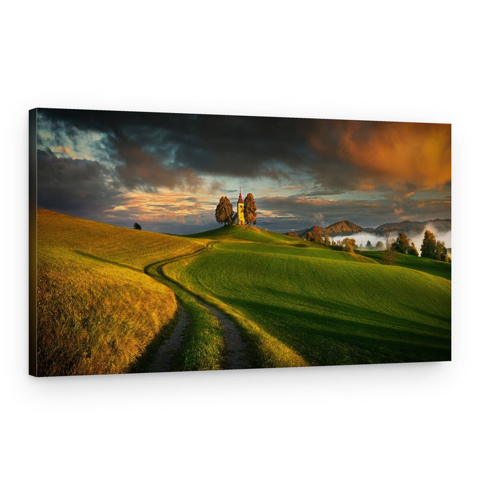Golden Hillside Church Path – Canvas Print