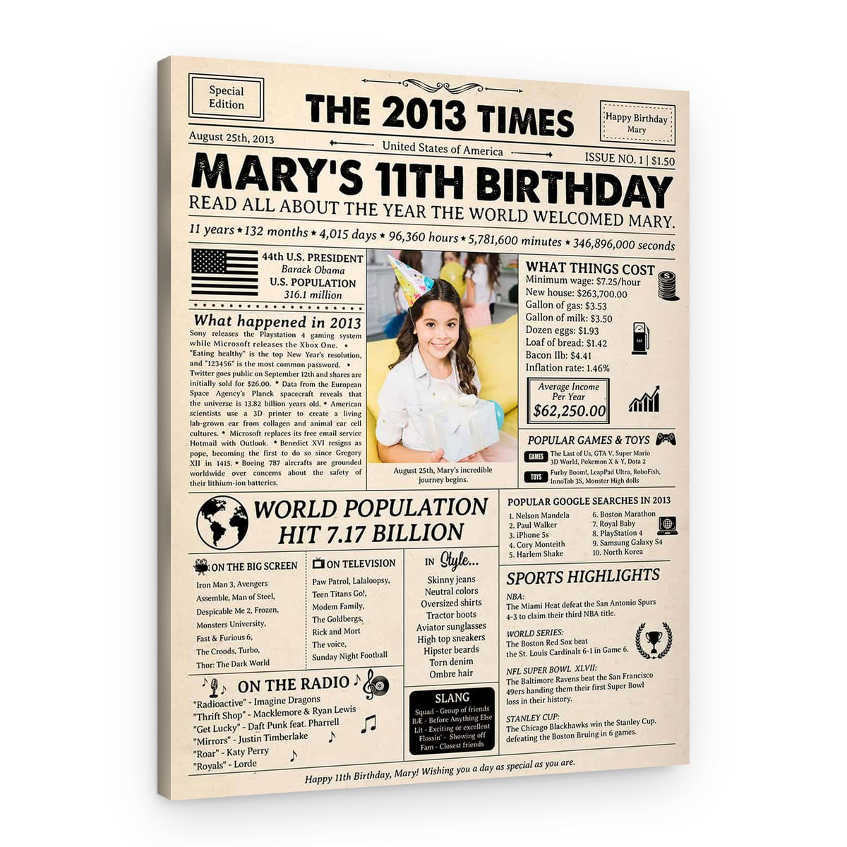 11th Birthday Gift for Kid: 2013 Birthday Newspaper Canvas – Canvas Print