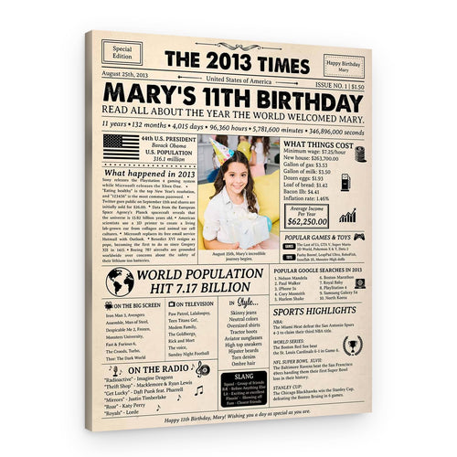 11th Birthday Gift for Kid: 2013 Birthday Newspaper Canvas – Canvas Print
