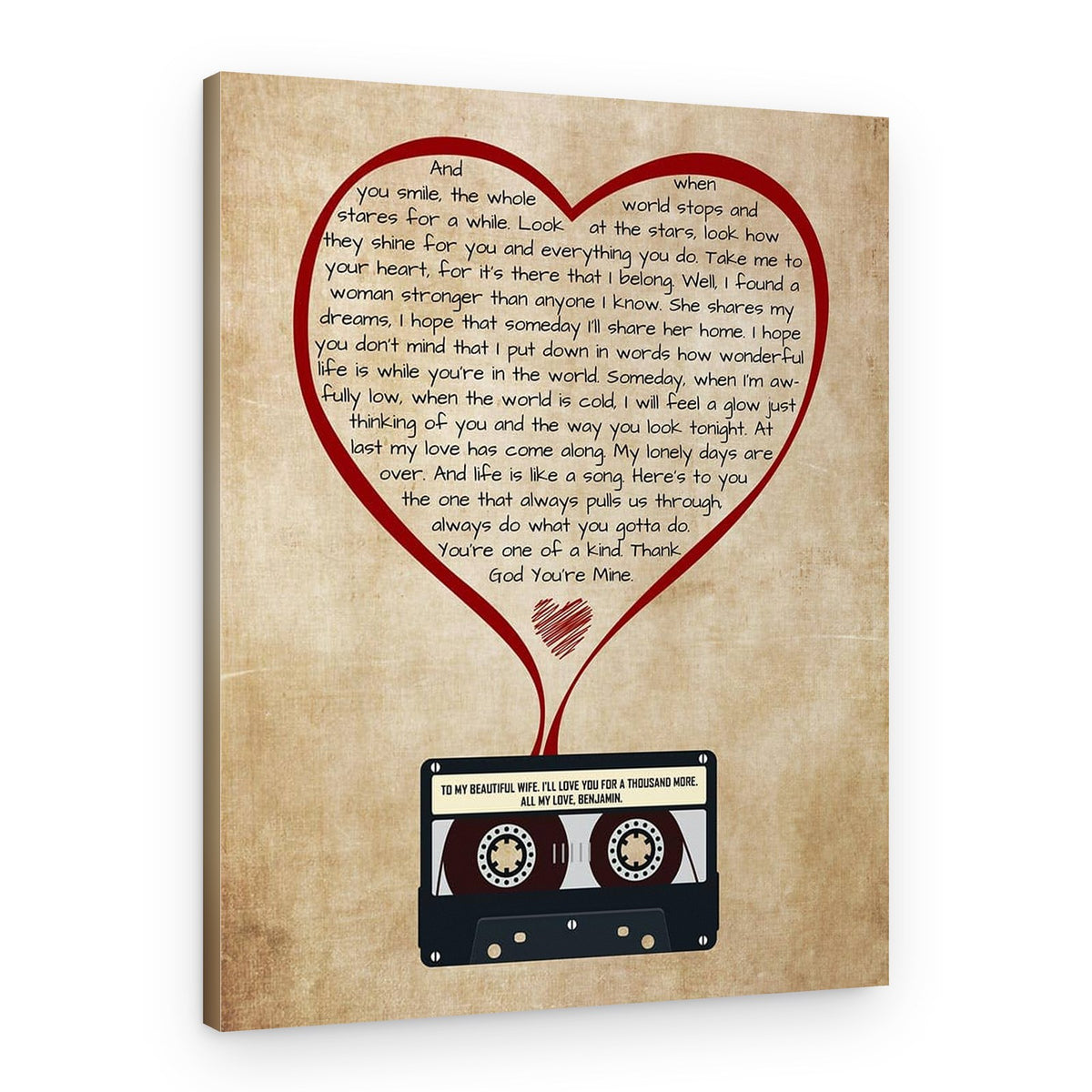 Heart-Shaped Song Lyrics Cassette Canvas Print – Canvas Print
