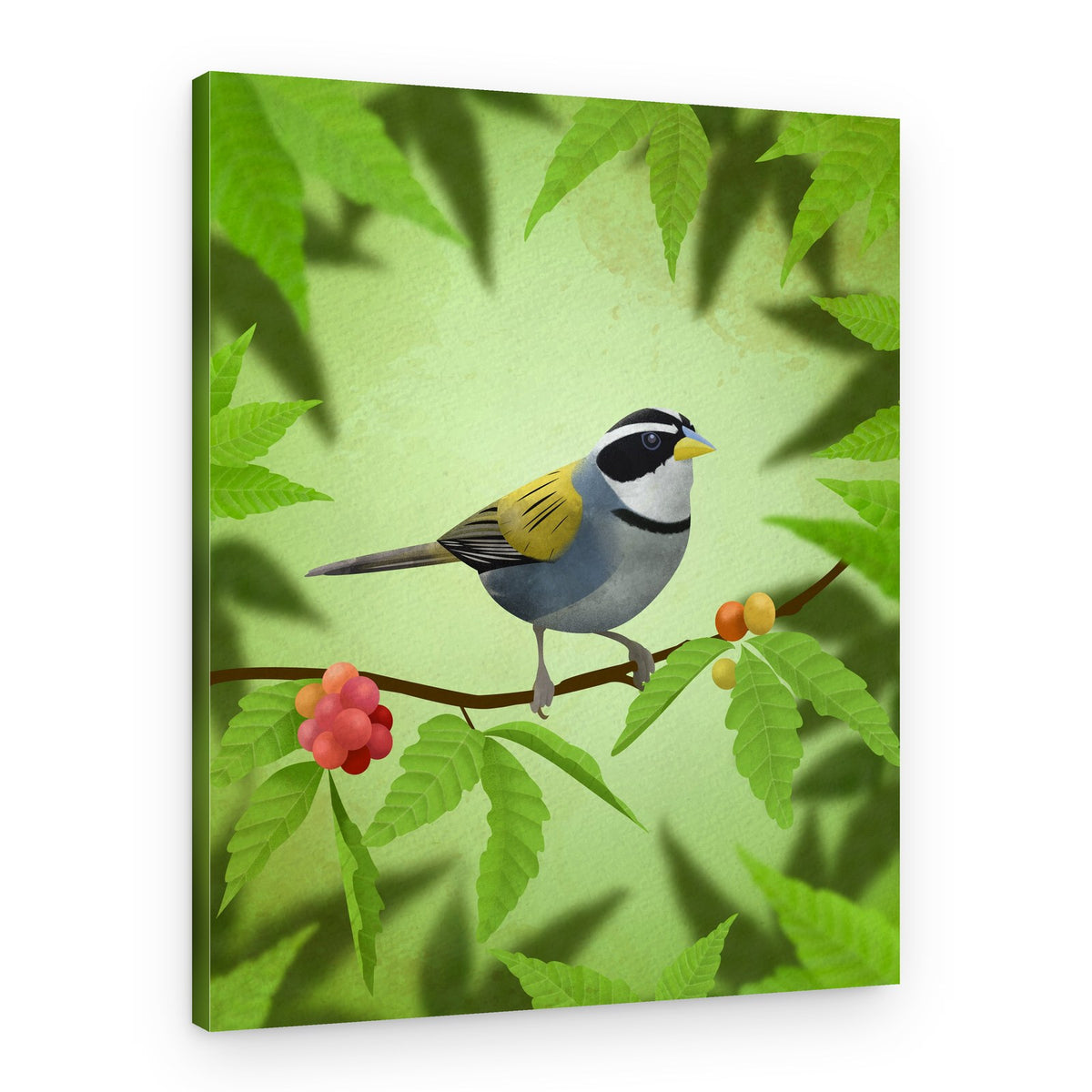 Bird on Berry Branch – Canvas Print