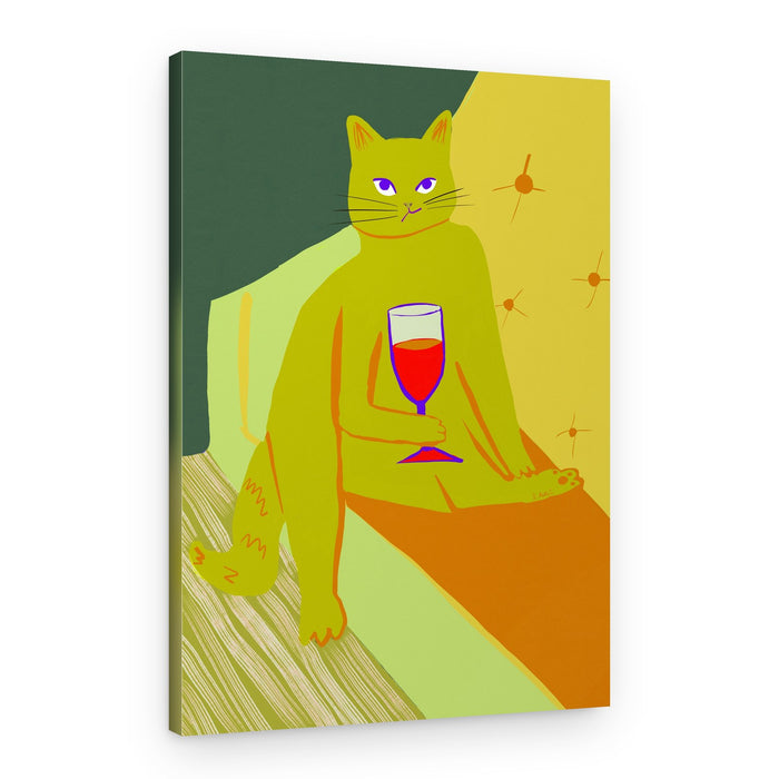 Relaxed Cat Sips Wine – Canvas Print