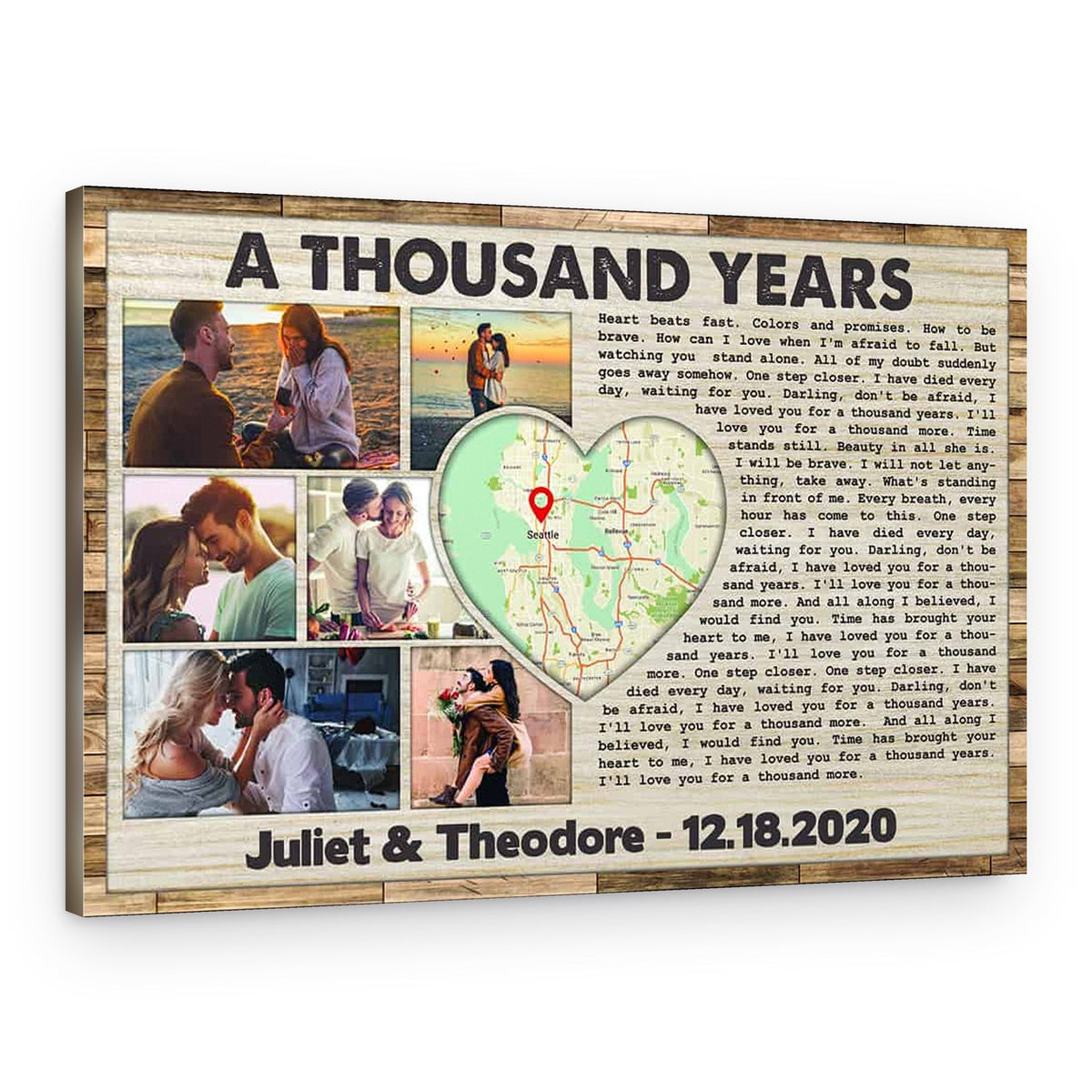 Custom Photo Map & Song Lyrics Canvas Print – Wooden Pattern Design – Canvas Print