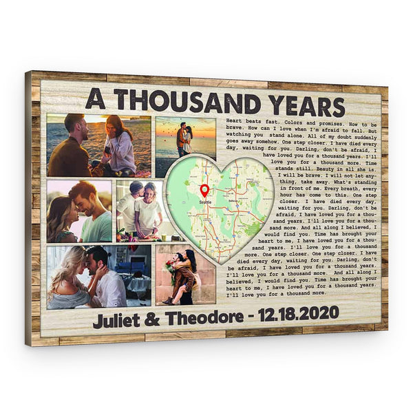 Custom Photo Map & Song Lyrics Canvas Print – Wooden Pattern Design