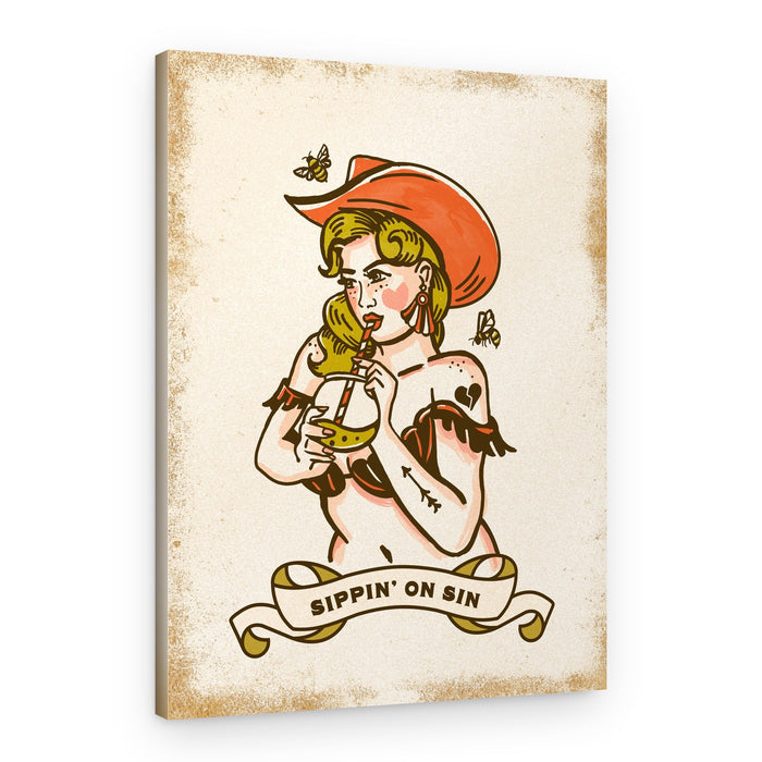 Sippin On Sin Cute & Sassy Cowgirl Art – Canvas Print