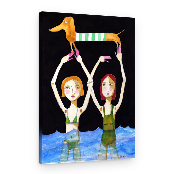Whimsical Dog and Swimmers – Canvas Print