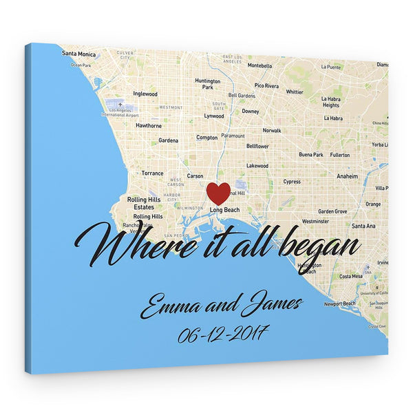 Where It All Began Horizontal Custom Map Canvas Print