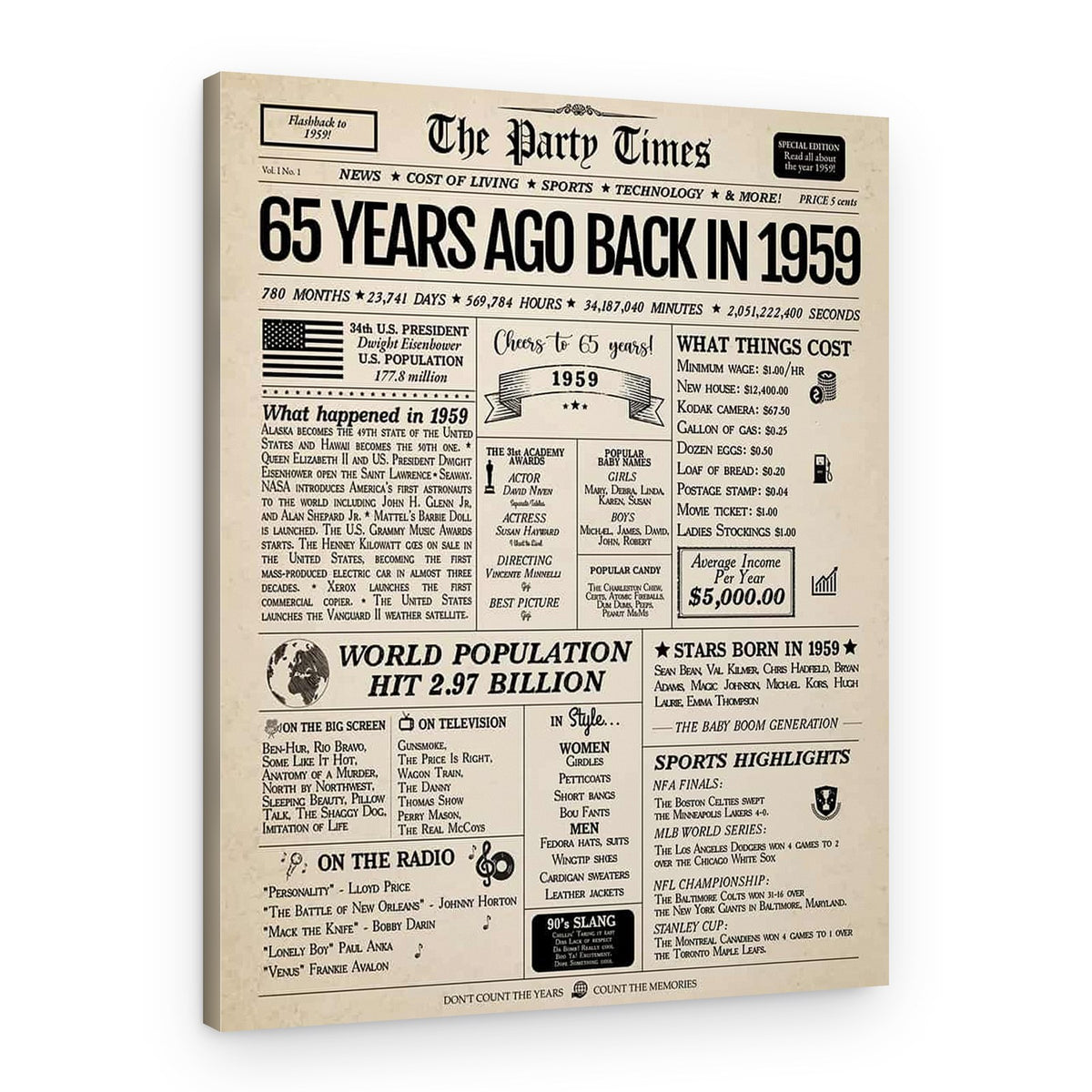 Back In 1959 65th Birthday Newspaper Canvas Print – Canvas Print