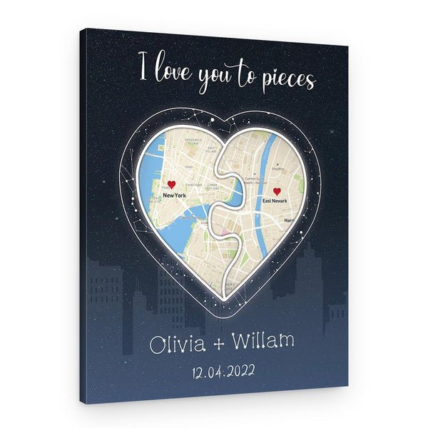 I Love You To Pieces Puzzle Map And Star Map Canvas Print